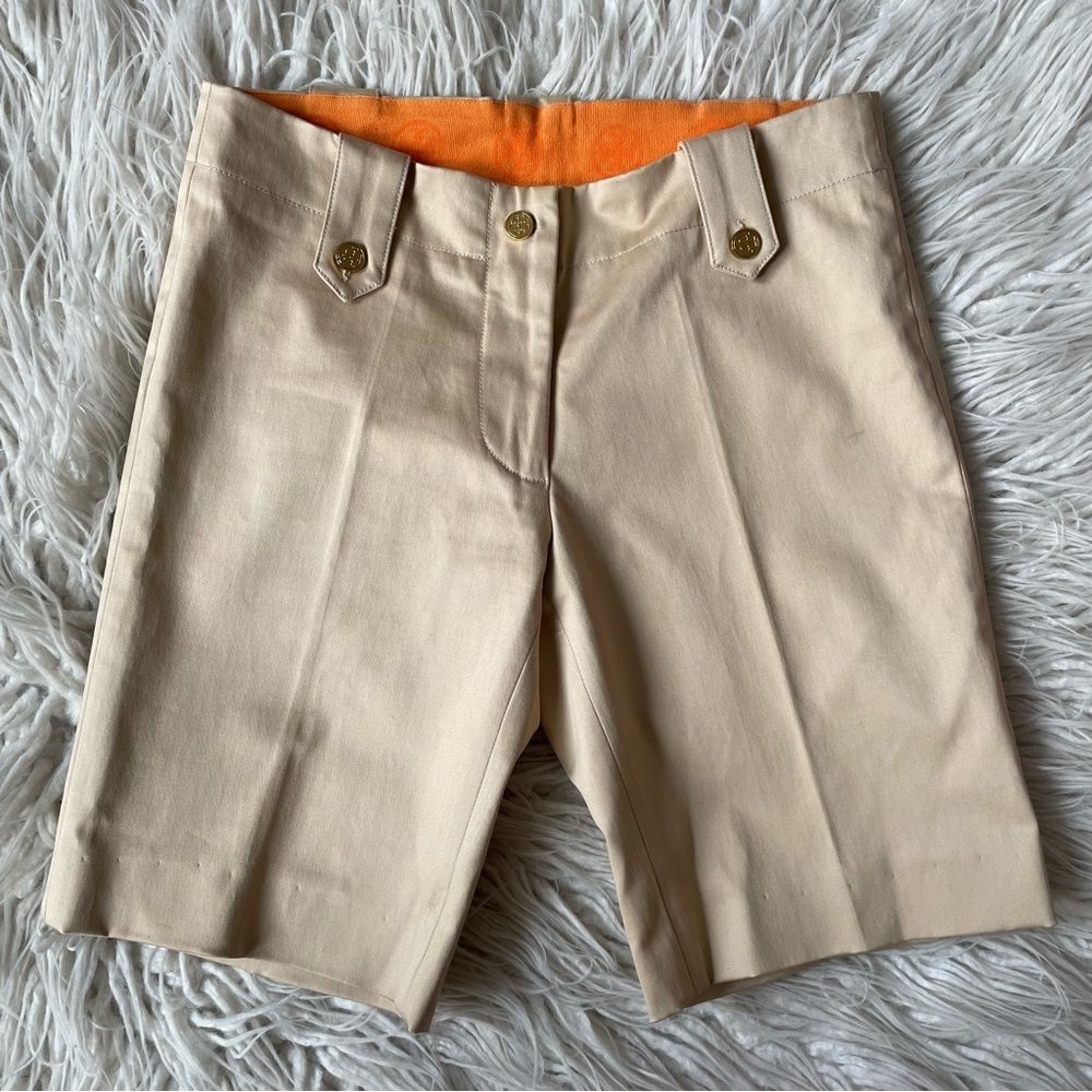 Tory Burch Chino Khaki Tan Beige Logo Buttons Stretch Cotton Bermuda Shorts Sz 0